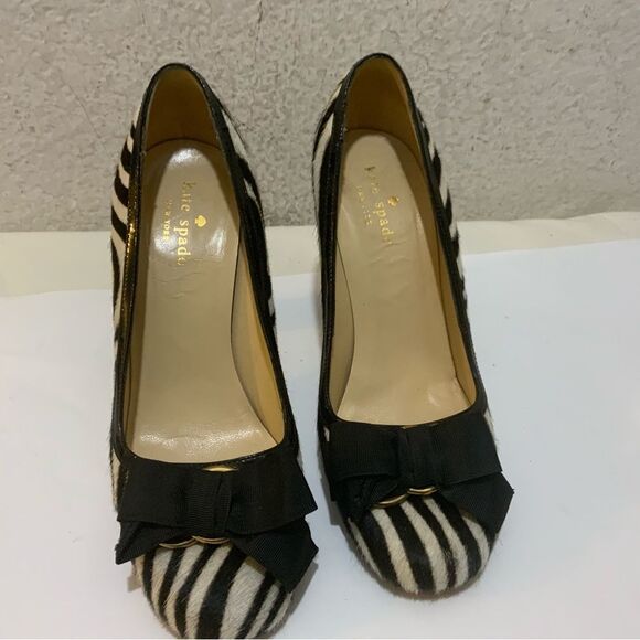 ♠️ Kate Spade Leopard Heels Pumps Round Toe Heel Ribbon Total Pattern 7B - Picture 9 of 10